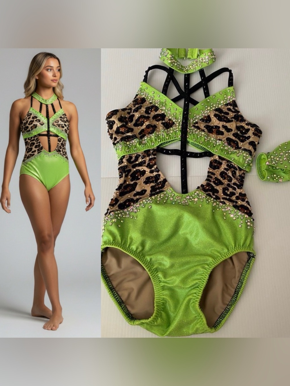 Glamour Custom Solo Dance Costume Lime Leopard Rhinestone Jazz Contemporary LC